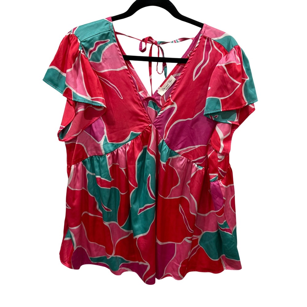 Doe and Rae Pink Teal Abstract Floral Satin V-Neck Tie Back Blouse 1XL